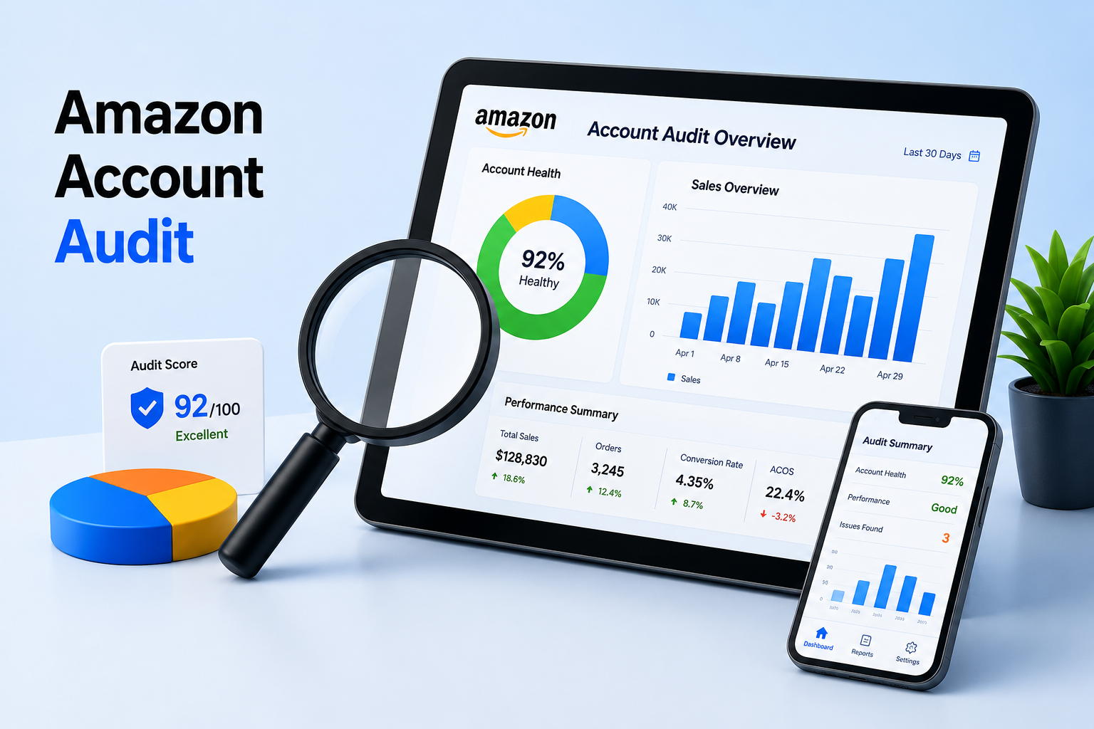 Amazon account audit dashboard with performance reports and optimization insights