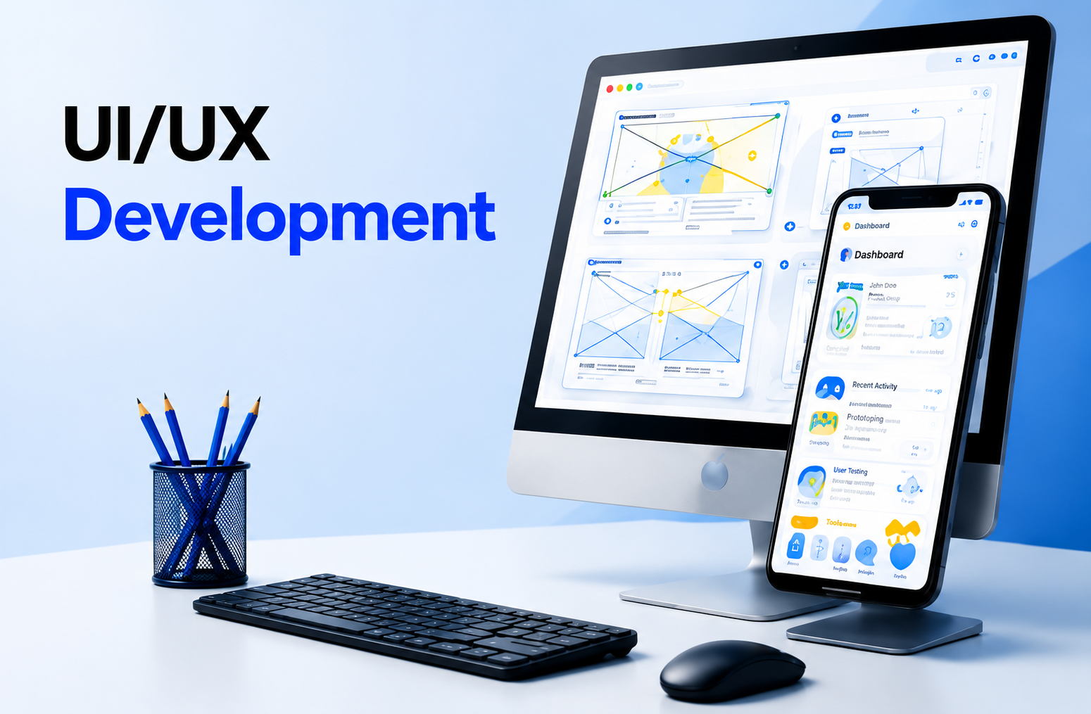 Modern UI UX development workspace with responsive website and mobile app design