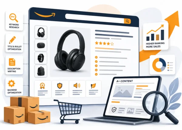 Amazon listing optimization service graphic showing product page improvements, keyword strategy, and sales growth visuals